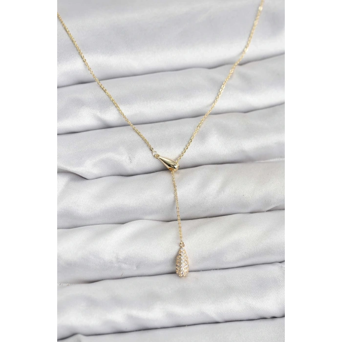 Pirinç Gold Renk Asansörlü Damla Model Kadın Kolye
