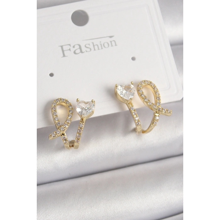 Pirinç Gold Renk Düğüm Model Zirkon Taşlı Kalp Detay Kadın Küpe