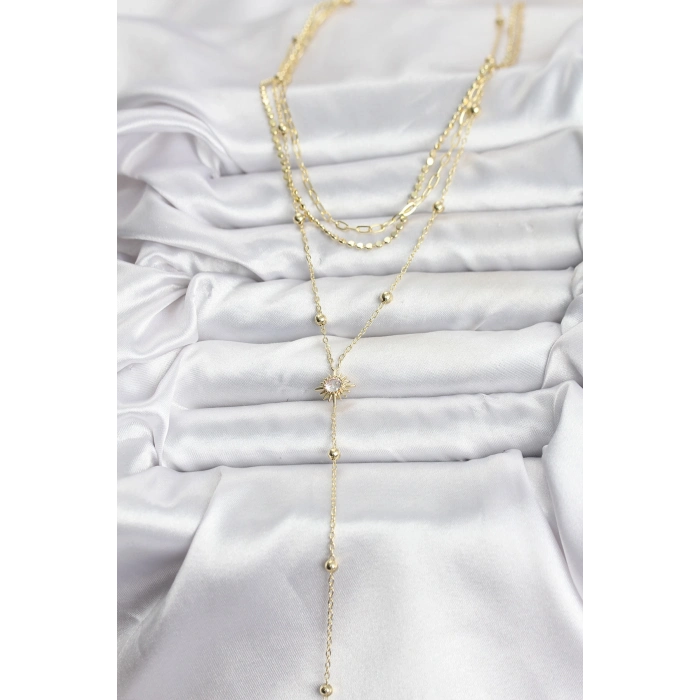 Pirinç Gold Renk Güneş Model Detaylı 3lü Kombin Y Kadın Kolye