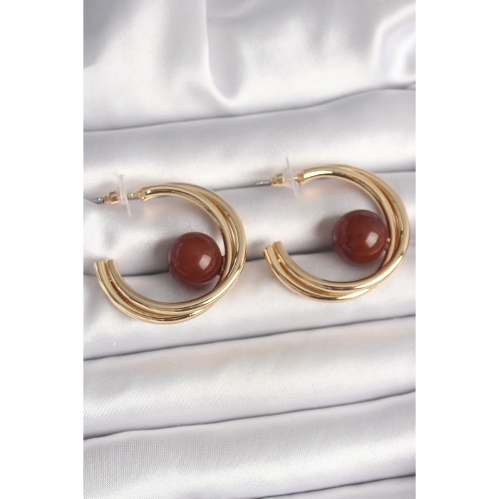 Pirinç Gold Renk Halka Model Kahverengi Boncuk Detay Kadın Küpe