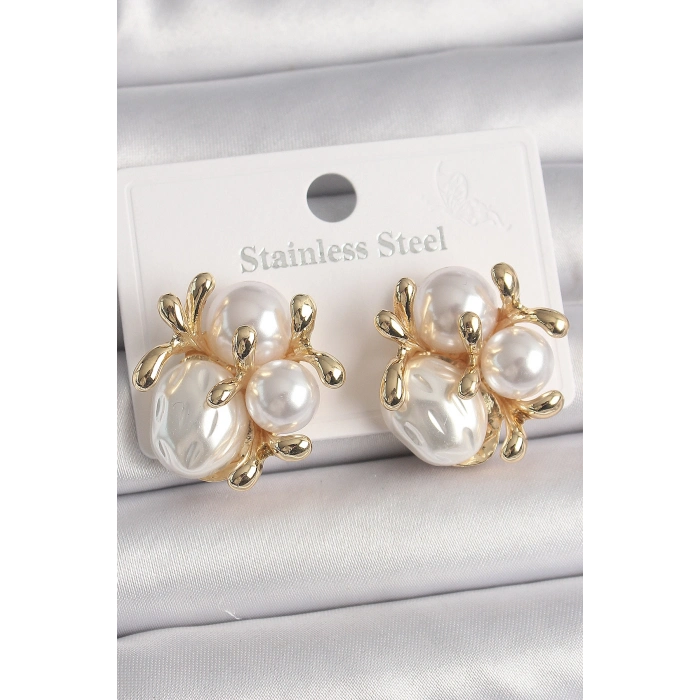 Pirinç Gold Renk İnci Tomurcuk Model Kadın Küpe