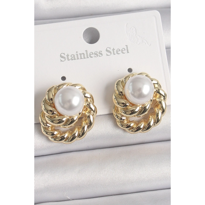 Pirinç Gold Renk İncili Sarmal Burgu Model Kadın Küpe