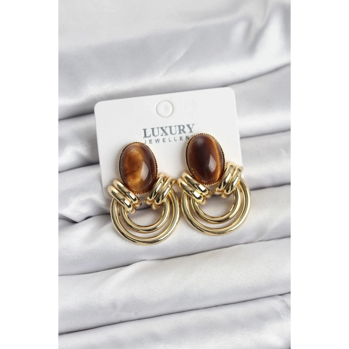 Pirinç Gold Renk Kahverengi Taşlı Vintage Kadın Küpe