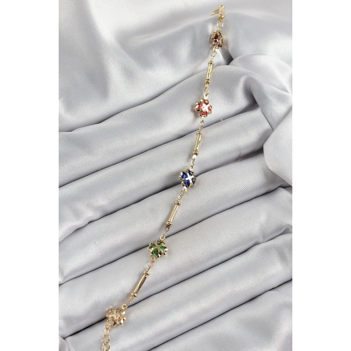 Pirinç Gold Renk Karışık Renk Yonca Zirkon Taşlı Kadın Bileklik