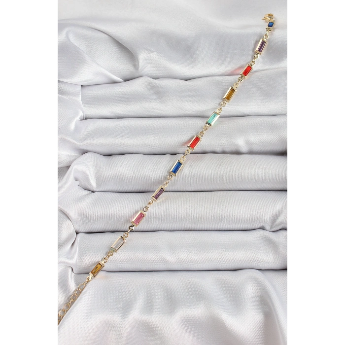 Pirinç Gold Renk Karışık Renkli Kare Zirkon Taşlı Kadın Bileklik