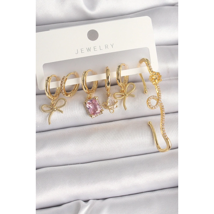 Pirinç Gold Renk Sallantı Kurdele Model Pembe Kare Zirkon Taşlı Kadın Küpe Seti