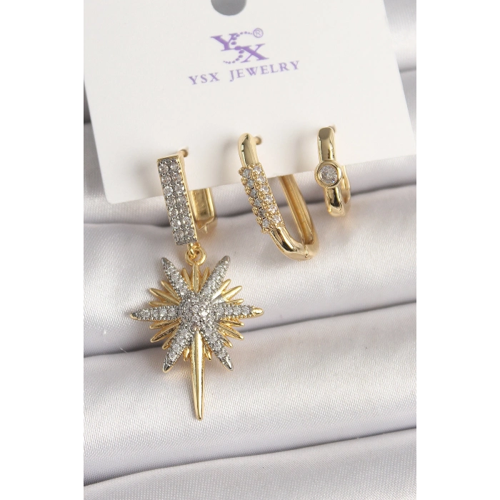 Pirinç Gold Renk Sallantı Zirkon Taşlı Kutup Yıldız Model 3Lü Kadın Kombin Küpe