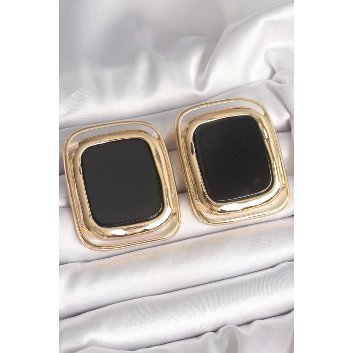 Pirinç Gold Renk Siyah Mineli Kare Model Kadın Küpe