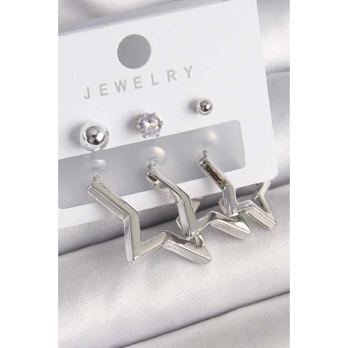 Pirinç Gold Renk Yıldız Model Zirkon Taşlı Topçuk Detay Kadın Küpe Seti