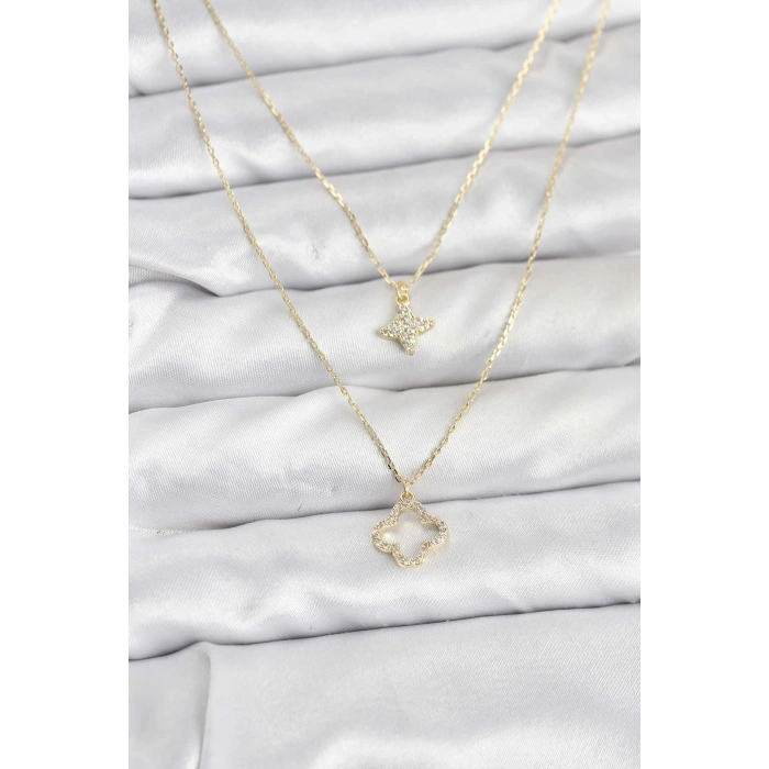 Pirinç Gold Renk Yonca Model 2li Kadın Kolye