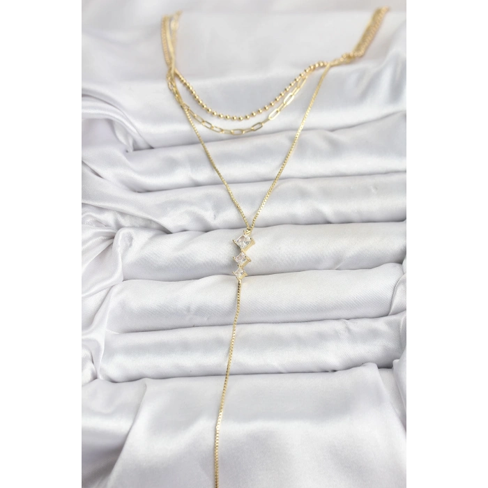 Pirinç Gold Renk Zirkon Taş Detaylı 3lü Kombin Y Kadın Kolye