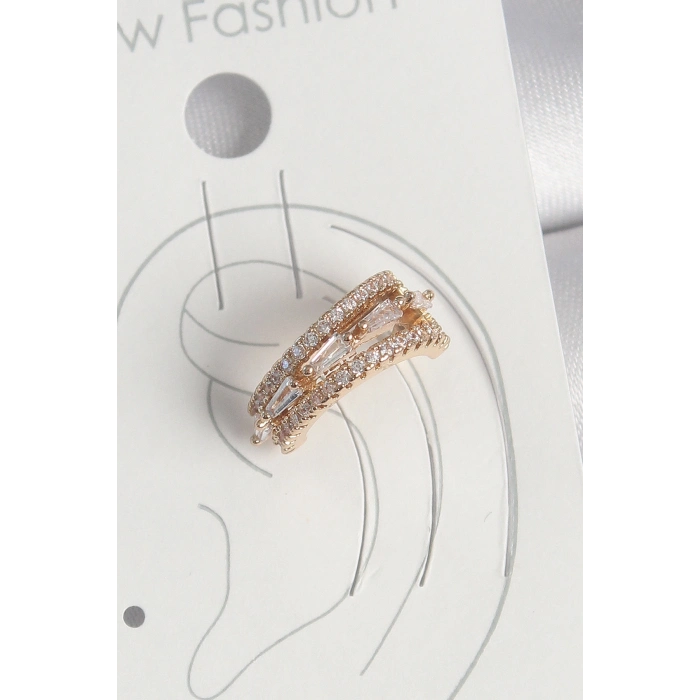 Pirinç Gold Renk Zirkon Taşlı 3Lü Sıralı Model Kadın Kıkırdak Küpe