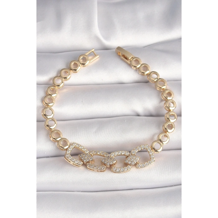 Pirinç Gold Renk Zirkon Taşlı Daire Zincir Model Kadın Bileklik