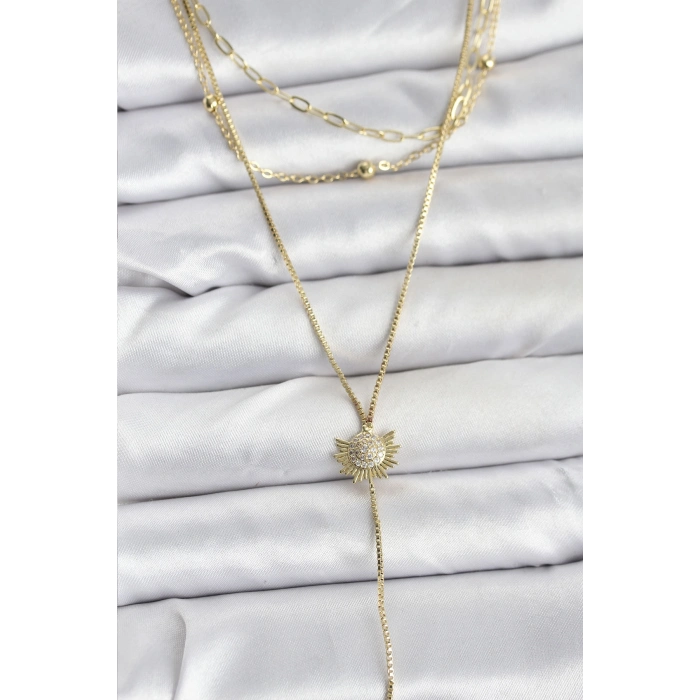 Pirinç Gold Renk Zirkon Taşlı Güneş Model Detaylı 3lü Kombin Y Kadın Kolye
