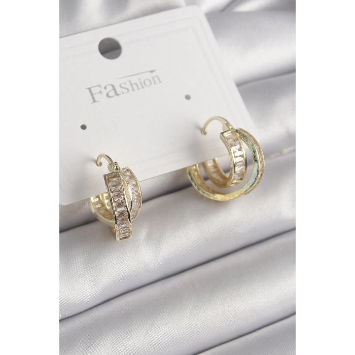 Pirinç Gold Renk Zirkon Taşlı Halka Model Kadın Küpe