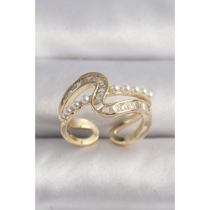 Pirinç Gold Renk Zirkon Taşlı İnci Detay VIP Seri Kadın Yüzük