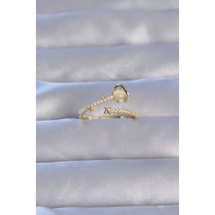 Pirinç Gold Renk Zirkon Taşlı İncili Satürn Model Ayarlanabilir Yüzük