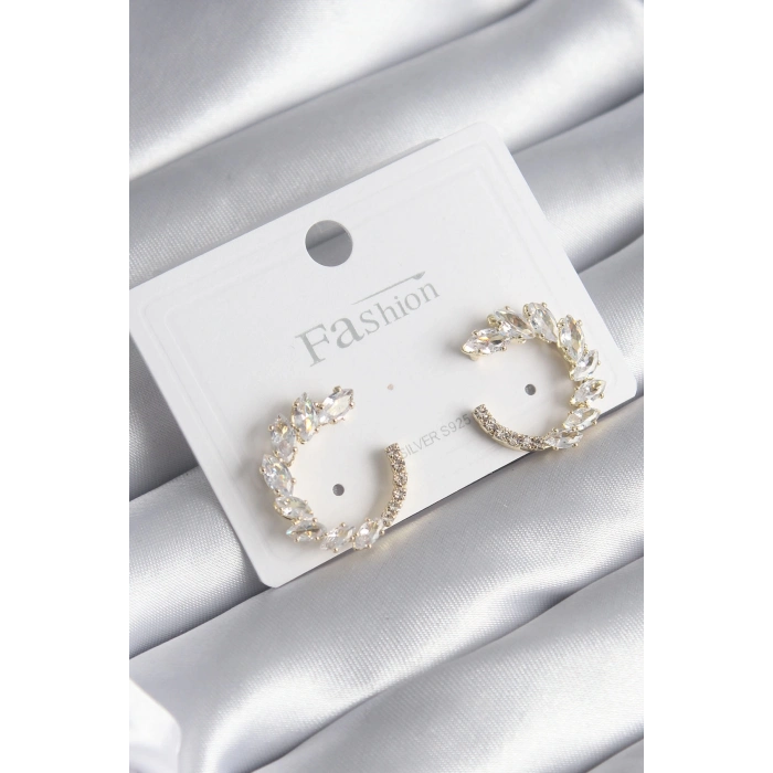 Pirinç Gold Renk Zirkon Taşlı Kadın Küpe