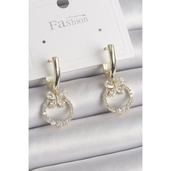 Pirinç Gold Renk Zirkon Taşlı Kelebek Figür Sallantı Model Kadın Küpe