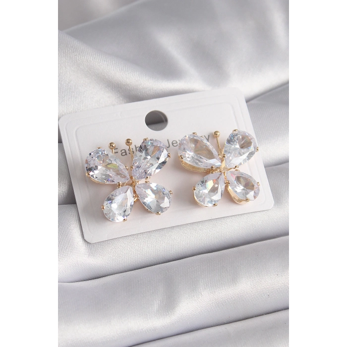 Pirinç Gold Renk Zirkon Taşlı Kelebek Model Kadın Küpe