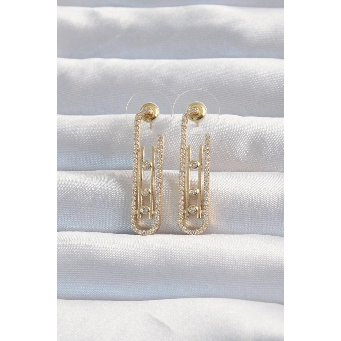 Pirinç Gold Renk Zirkon Taşlı Messika Küpe