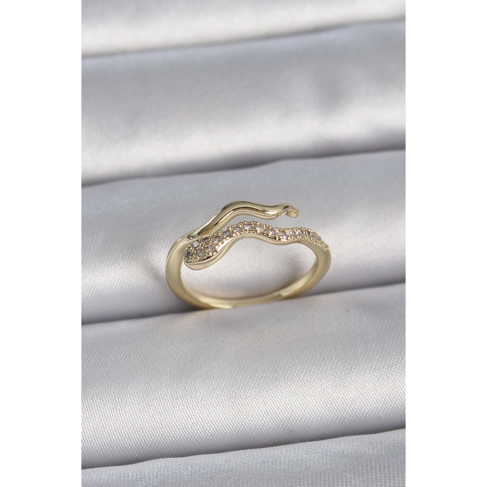 Pirinç Gold Renk Zirkon Taşlı Yılan Ayarlanabilir Model Kadın Yüzük