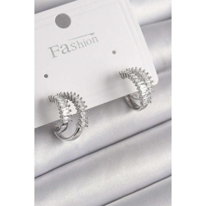 Pirinç Gümüş Renk 2Li Zirkon Taşlı Halka Model Kadın Küpe