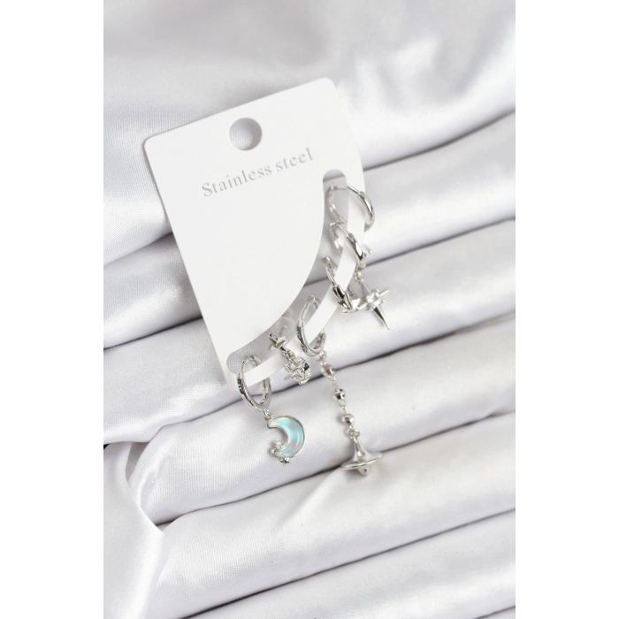 Pirinç Gümüş Renk Ay Model Kadın Set Küpe