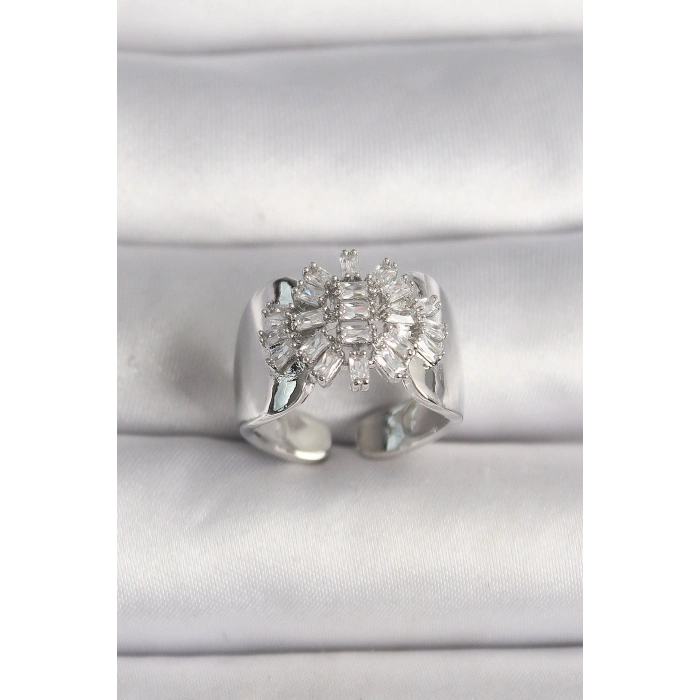 Pirinç Gümüş Renk Ayarlanabilir Baget Zirkon Taş Model Kadın Yüzük