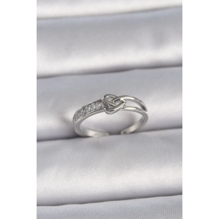 Pirinç Gümüş Renk Ayarlanabilir Zirkon Taşlı Düğüm Kalp Model Kadın Yüzük