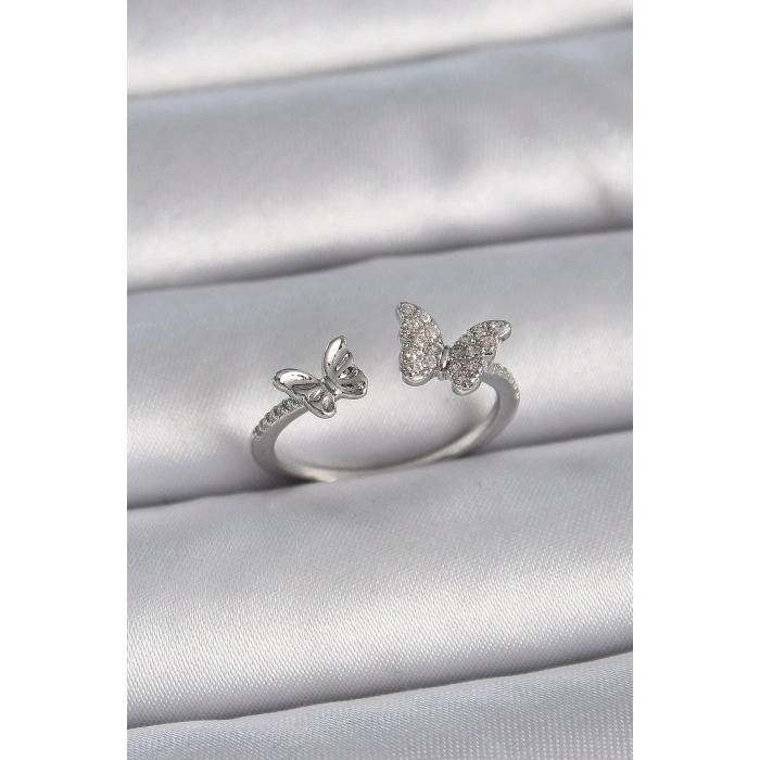 Pirinç Gümüş Renk Ayarlanabilir Zirkon Taşlı Kelebek Model Kadın Yüzük