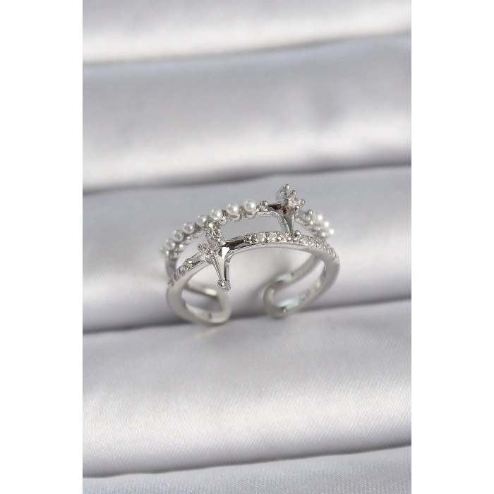 Pirinç Gümüş Renk Ayarlanabilir Zirkon Taşlı Kutup Yıldız İnci Detay Kadın Yüzük