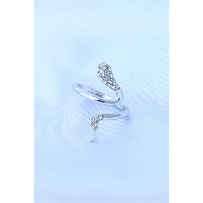 Pirinç Gümüş Renk Ayarlanabilir Zirkon Taşlı Yılan Yüzük