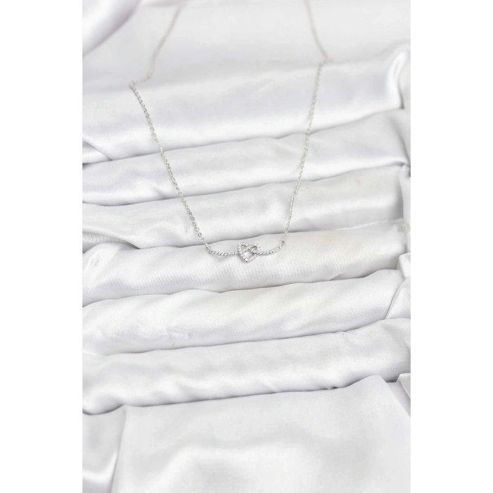 Pirinç Gümüş Renk Düğüm Kalp Model Kadın Kolye