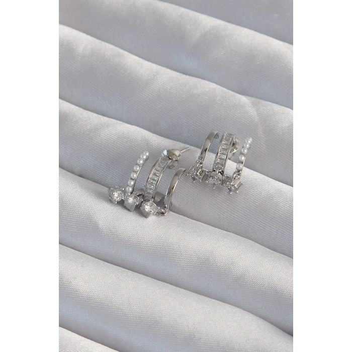 Pirinç Gümüş Renk İncili Çoklu Zirkon Taşlı Yarım Halka Küpe