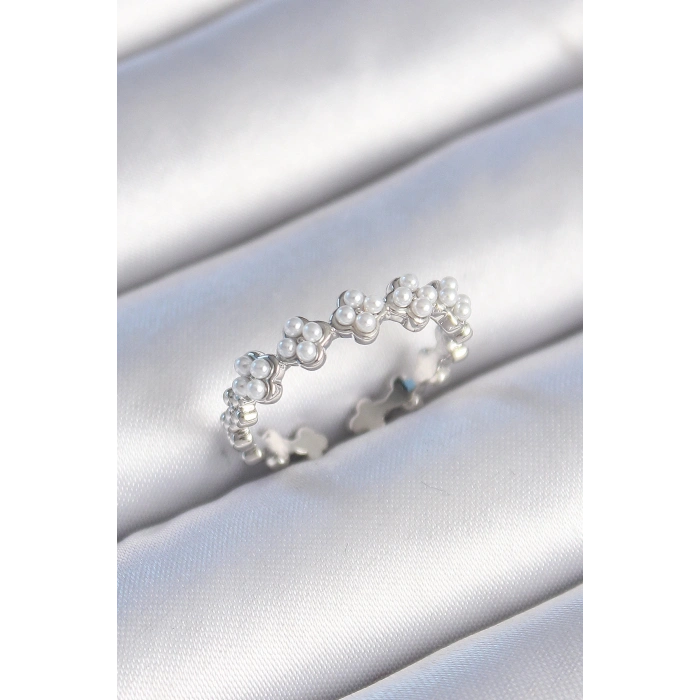 Pirinç Gümüş Renk İncili Yonca Model Kadın Yüzük