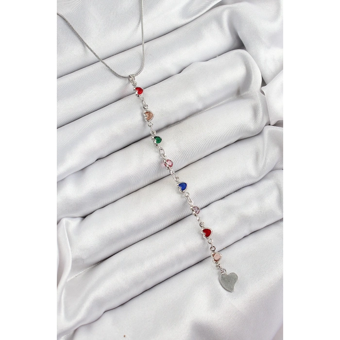 Pirinç Gümüş Renk Karışık Renk Zirkon Taşlı Kalpli Y Kadın Kolye