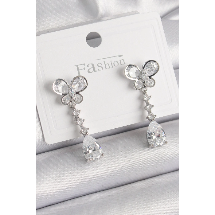 Pirinç Gümüş Renk Kelebek Model Sallantı Damla Zirkon Taşlı Kadın Küpe