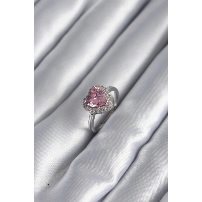 Pirinç Gümüş Renk Pembe Zirkon Taş Kalp Charm Model Kadın Yüzük