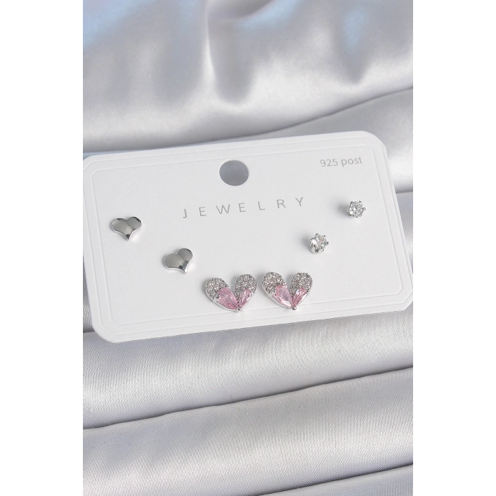 Pirinç Gümüş Renk Pembe Zirkon Taşlı Kalp Model 925 Ayar Gümüş Çivi Kadın Küpe Seti