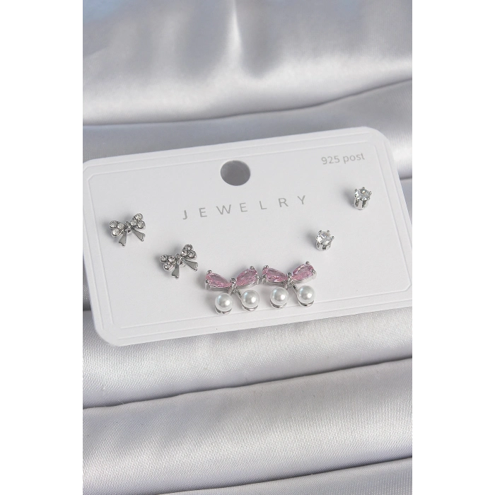 Pirinç Gümüş Renk Pembe Zirkon Taşlı Kurdele Model İnci Detay 925 Ayar Gümüş Çivi Kadın Küpe Seti