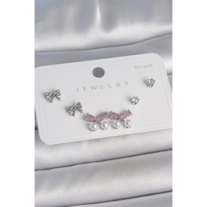 Pirinç Gümüş Renk Pembe Zirkon Taşlı Kurdele Model İnci Detay 925 Ayar Gümüş Çivi Kadın Küpe Seti