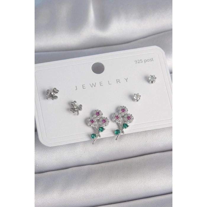 Pirinç Gümüş Renk Renkli Zirkon Taşlı Çiçek Model Yaprak Detay 925 Ayar Gümüş Çivi Kadın Küpe Seti