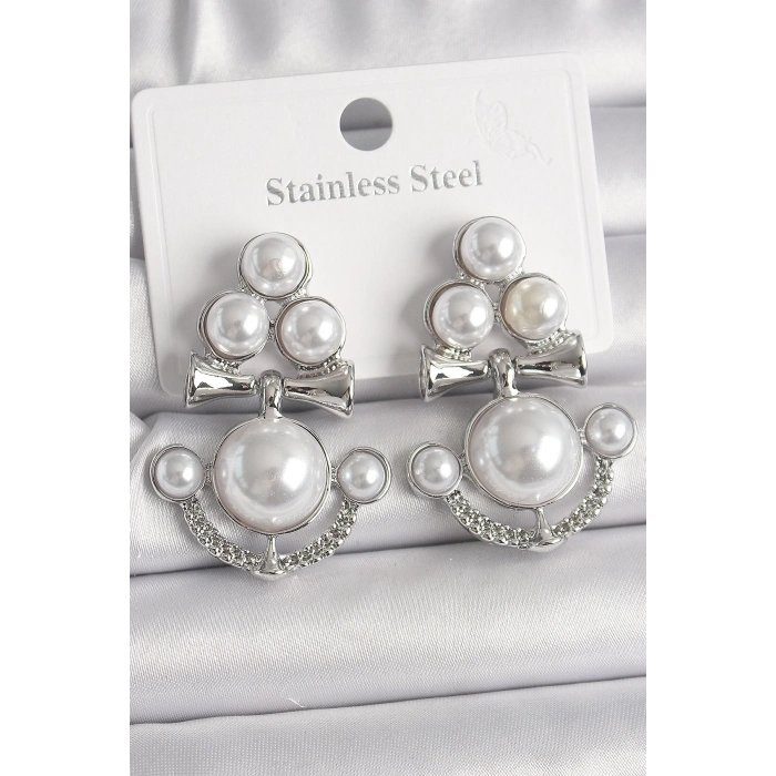 Pirinç Gümüş Renk Sallantı İncili Çapa Model Kadın Küpe