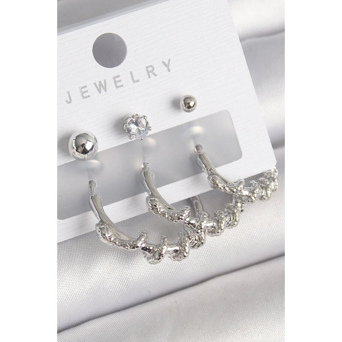 Pirinç Gümüş Renk Sarmal Yılan Halka Model Zirkon Taşlı Topçuk Detay Kadın Küpe Seti