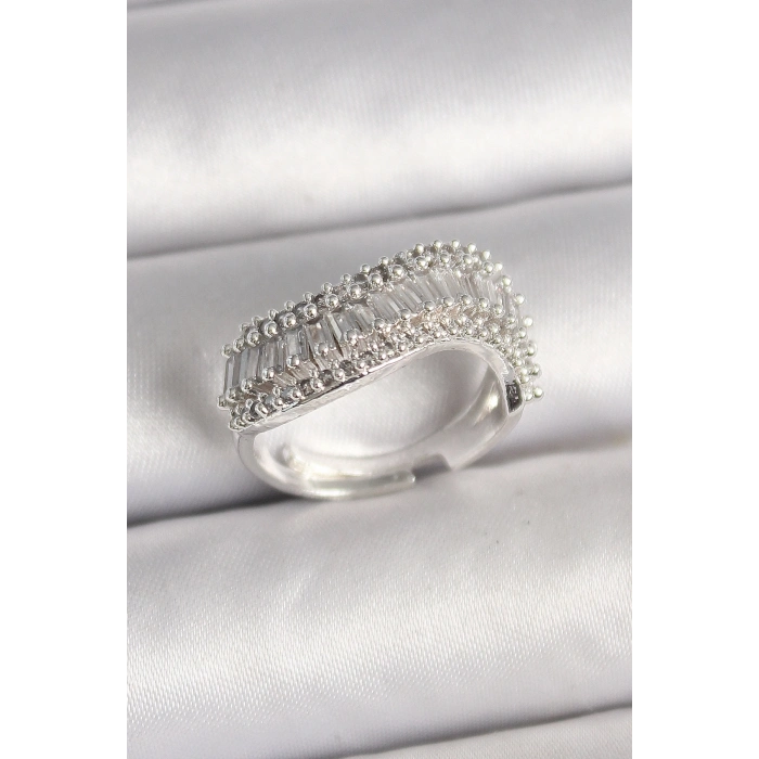 Pirinç Gümüş Renk Su Yolu Zirkon Dalga Model Ayarlanabilir Kadın Yüzük