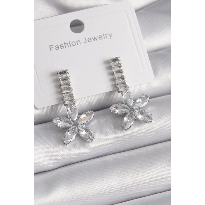 Pirinç Gümüş Renk Su Yolu Zirkon Taşlı Çiçek Model Kadın Küpe