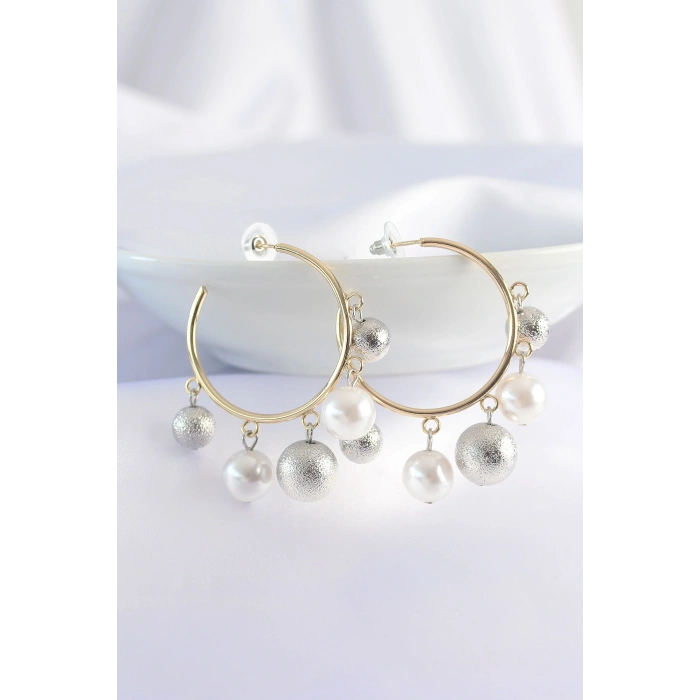 Pirinç Gümüş Renk Topçuk Model Gold Renk Halka Küpe