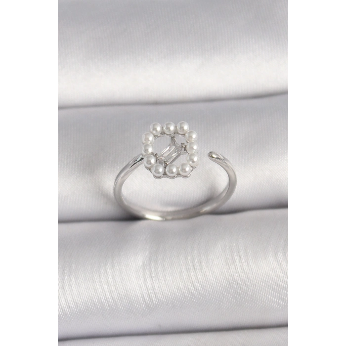 Pirinç Gümüş Renk Zirkon Taş Detaylı İncili Ayarlanabilir Yüzük