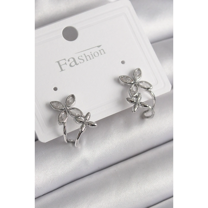 Pirinç Gümüş Renk Zirkon Taşlı 2Li Çiçek Model Kadın Küpe